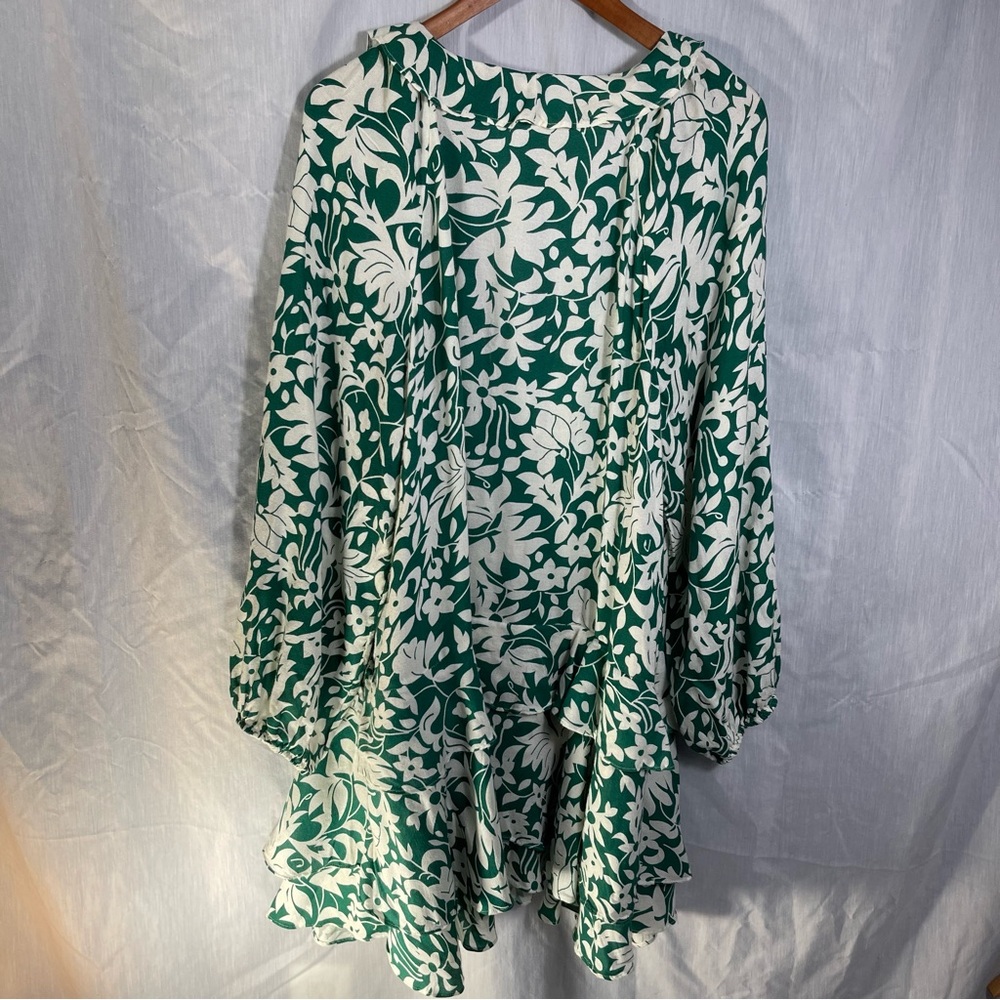 Free People Green and White Floral Boho Ruffle Mini or Tunic
